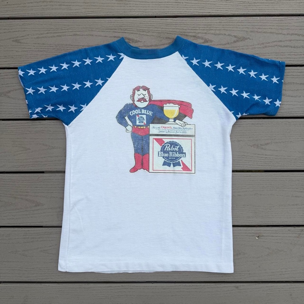 Vintage 70s Pabst Blue Ribbon Cool Blue Star Sleeve T-Shirt Raglan Small XS